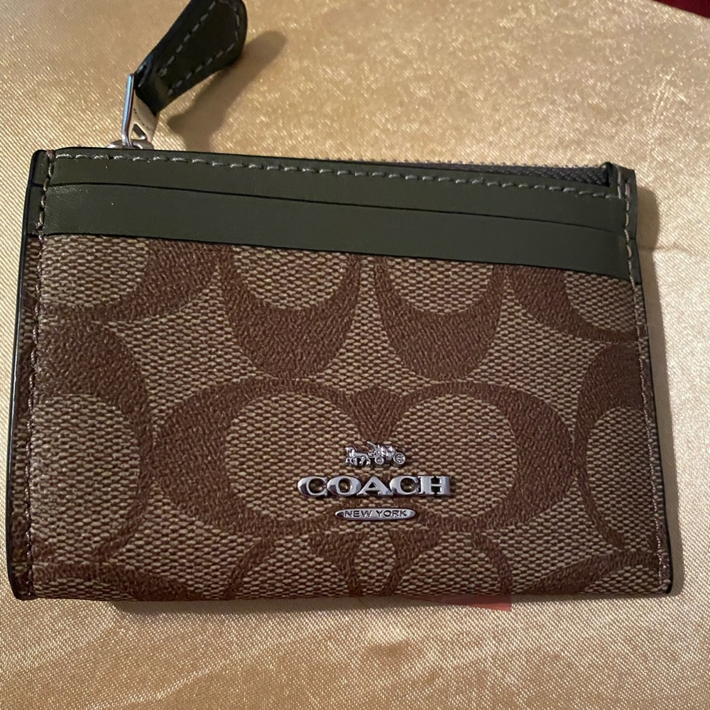 Coach Mini ID Case Signature Canvas Silver/Khaki NWT